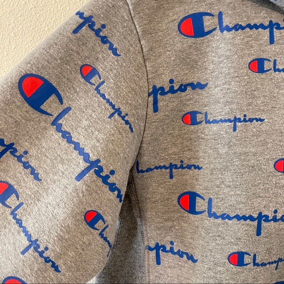 Champion Gray All Over Logo Pullover Hoodie Kangaroo Pocket-XL - Picture 6 of 10